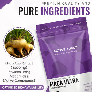 Macaroot Ultra – Maca Root Capsules 8000Mg | Peruvian Ginseng 10:1 Extract | 1.6Mg Macamides | Energy, Mood & Hormone Support | Vegan, UK Produced, Lab Tested | 90 Capsules | Activeburst Nutrition
