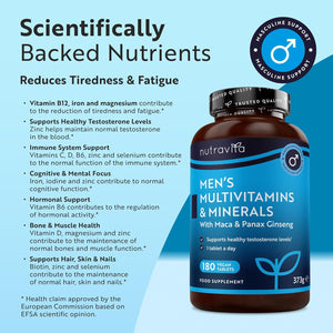 Men'S Multivitamins and Minerals - 25 Essential Active Vitamins and Minerals with Added Maca Root and Panax Ginseng - Multivitamin Tablets for Men - 180 Vegan Tablets - Made in the UK by Nutravita