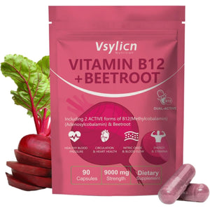 9000Mg Beetroot Extract & 1000Mcg Vitamin B12 Complex - Methylcobalamin & Adenosylcobalamin - Energy & Immune Support - Supports Blood Pressure, Vegan, Nitric Oxide Supplement - 90 Capsules