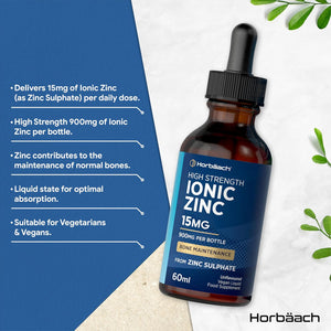 Ionic Zinc Liquid Drops | High Strength 15Mg Supplement from Zinc Sulphate | 900Mg per Bottle - 60Ml Liquid Drops | Suitable for Vegetarians & Vegans | by Horbaach