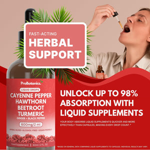 Probotanics Cayenne Pepper Drops Liquid Extract Supplement | Hawthorn Berry, Turmeric Curcumin, Beet Root, Ginger, Black Pepper for Circulation, Energy and Digestive Health | Alcohol-Free - 60Ml