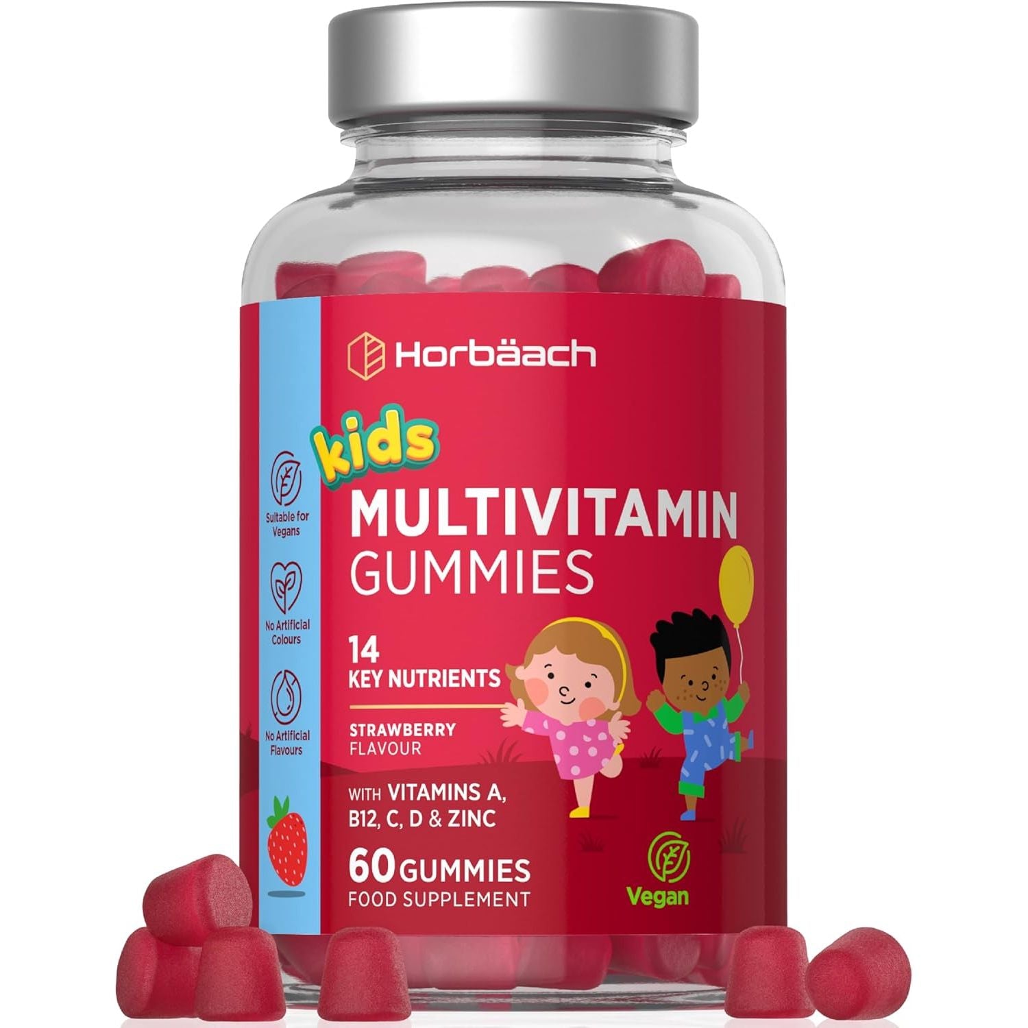 Kids Multivitamin Gummies | 60 Count (2 Months Supply) | 14 Essential A-Z Nutrients | with Vitamin A, B12, C, D & Zinc | Strawberry Flavour | Vegan Gummy Supplement for Ages 4+| by Horbaach
