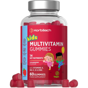 Kids Multivitamin Gummies | 60 Count (2 Months Supply) | 14 Essential A-Z Nutrients | with Vitamin A, B12, C, D & Zinc | Strawberry Flavour | Vegan Gummy Supplement for Ages 4+| by Horbaach
