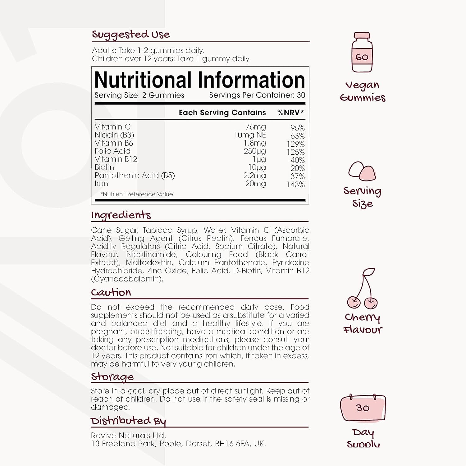 Iron 28Mg Gummies with Vitamin C, Niacin, Vitamin B6, B5, B12, Folic Acid & Biotin – 60 Vegan Gummies – Tapioca Base – Cherry Flavour – by Alpha01