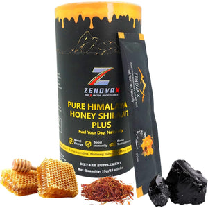 ZENOVA X Himalayan Shilajit Honey plus with Ashwagandha, Saffron, Ginseng | Gold Grade 100% Pure Honey and Shilajit | 15 Sticks for Energy Boost & Immune Support, 85+ Trace Minerals, 75%+ Fulvic Acid