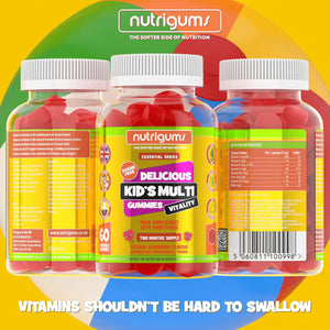 Kids Multi Vitality Sugar Free Gummy | Multivitamin for Bones, Teeth, Immunity, Energy & Cognitive Function | Strawberry Flavour | 60 Vegan Gummies | Suitable for Kids Age 5+ by NUTRIGUMS®