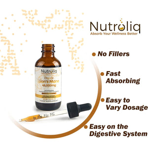 Nutroliq Lions Mane Liquid Drops - 48000Mg per Serving - Fruiting Body Extract - 30% Polysaccharides - Vegan Formula - 60-Day Supply - Lions Mane Tincture Supplement with Organic Hericium Erinaceus