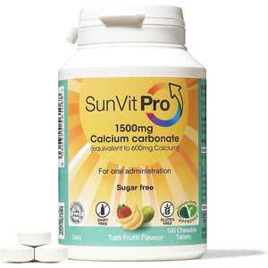 Sunvit-Pro Calcium Carbonate Tablets 600Mg Tutti Frutti Flavor - Calcium Supplements for Women & Men Supports Heart, Bones, Joint & Digestive Health - Gluten Free 100 Chewable Tablets