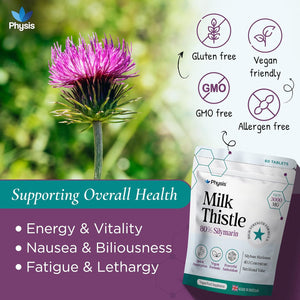 Physis Milk Thistle High Strength | 80% Silymarin | Liver Support Supplements | Milk Thistle Seeds | Vegan Food Supplement | 60 X Tablets | Made in Britain