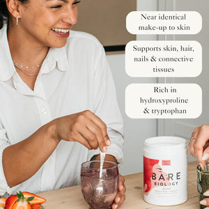 Bare Biology Collagen Powder + Vitamin C, 300G/60 Servings, Strawberry Flavour - Skinful Pure Marine Collagen for Skin, Muscles, Hair, Nails, Joints & Bones - Super Strength Type 1 Peptides