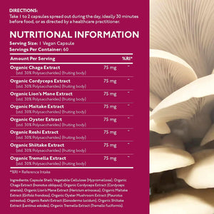 Organic Mushroom Complex 8 | Pure Fruiting Body Extracts Zero Additives | High Strength 30% Extract of Lion'S Mane, Reishi, Cordyceps, Chaga, Shiitake, Tremella, Maitake & Oyster | 60 Vegan Capsules