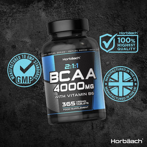 BCAA Tablets 4000Mg | 365 Vegan Tablets | Essential Amino Acid Supplement with Vitamin B6 | 2:1:1 Ratio | BCAA Powder and Capsules Alternative Pre Workout | by Horbaach