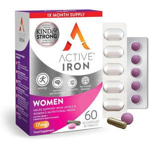Active Iron Women with Active Multivitamin Supplement 17 Mg, High Strength B Vitamins, Non-Constipating, 30 Iron Capsules & 30 Active Multivitamins, 1 Month Supply