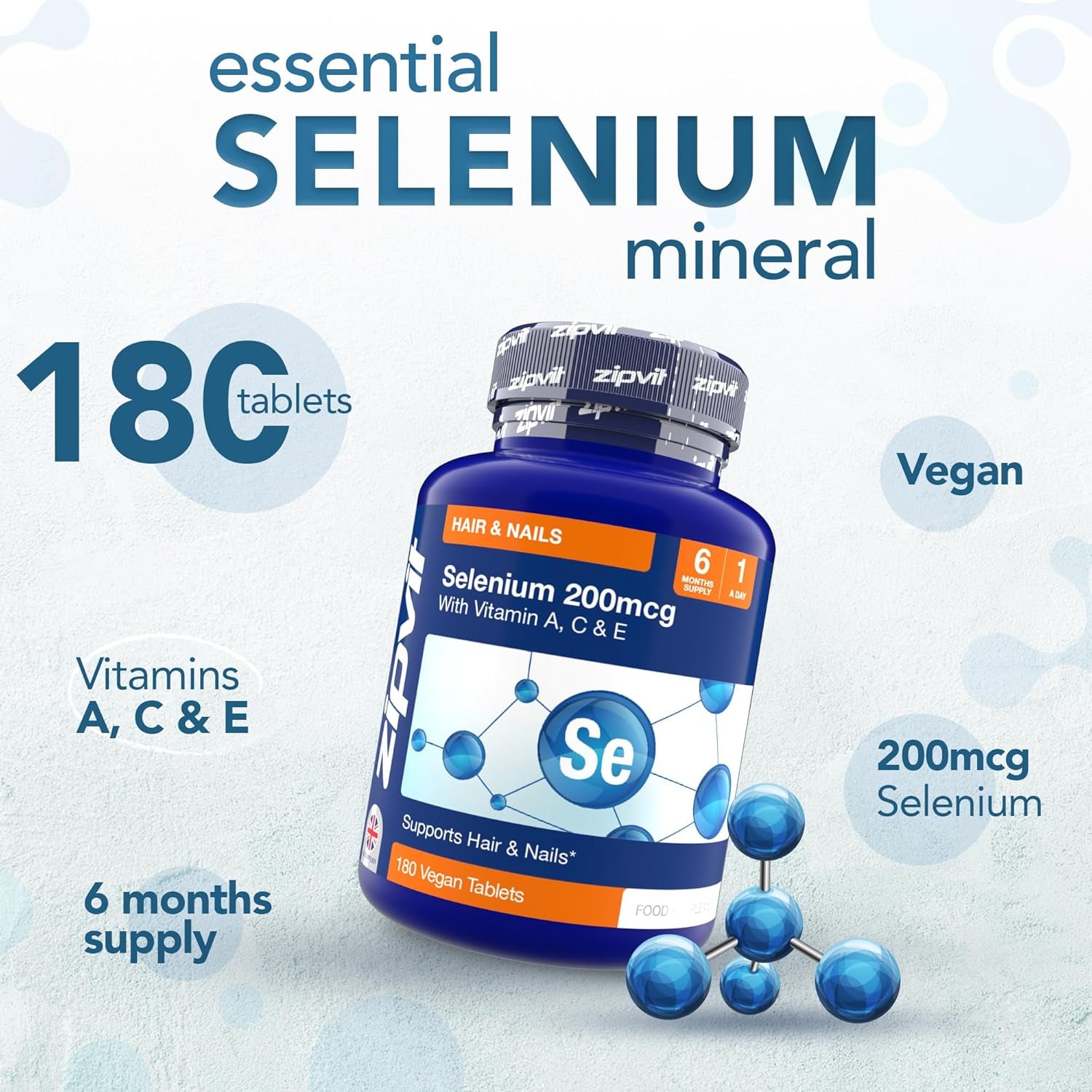 Zipvit Selenium 200Mcg with Vitamins A, C, E. 180 Vegan Tablets. Supports Normal Thyroid, Skin, Hair & Nails, Immune System, and Antioxidant Protection. 6 Month Supply.