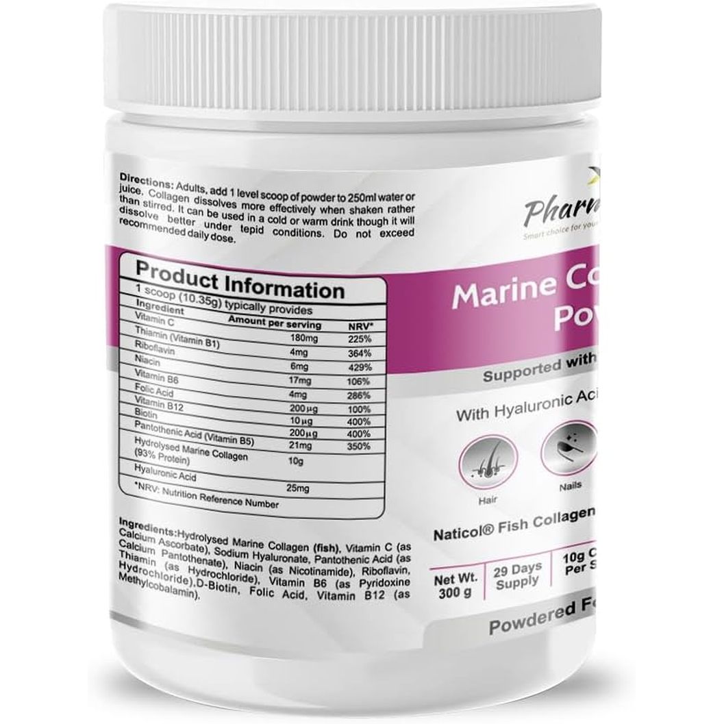 Pharmanostix Hydrolysed Marine Collagen plus Powder 300G - 10,000Mg Collagen with Hyaluronic Acid, Biotin, Vitamin C & B Vitamins - Type 1 & 3 Pure Naticol Collagen - UK Manufactured (Unflavoured)