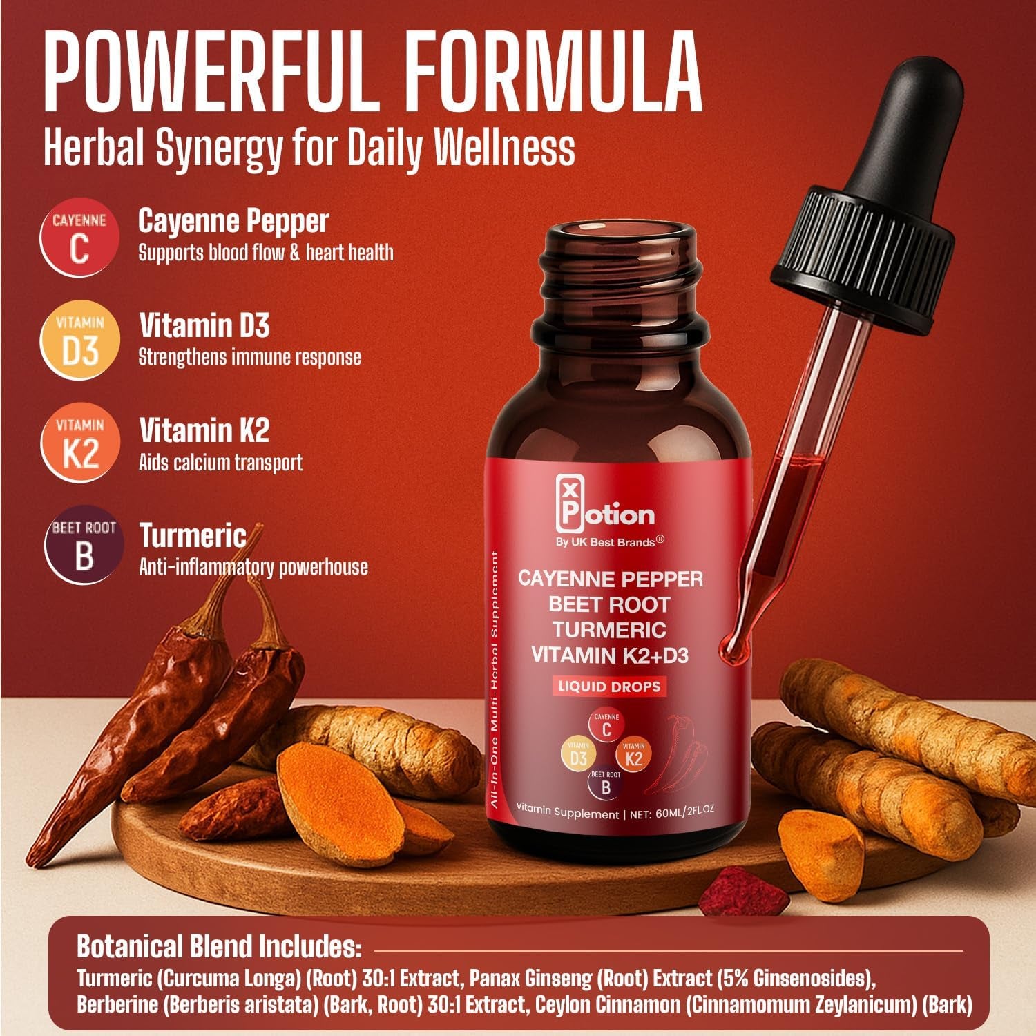 Cayenne Pepper Drops – Xpotion - Natural Liquid Extract with Beet Root, Vitamin D3 & K2 – 60Ml Herbal Supplement