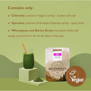 Sevenhills Wholefoods Organic Super Greens Blend 400G | with Spirulina, Chlorella, Wheatgrass, Barley Grass | Supports Skin, Immunity & Reduce Tiredness | 80 Servings | UK Made