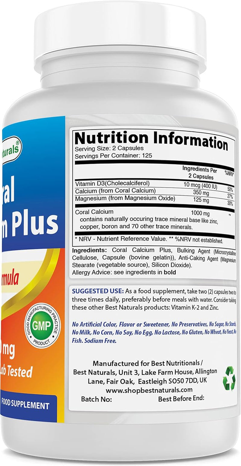 Best Naturals Coral Calcium plus 1000 Mg 250 Capsules (250 Count (Pack of 1))