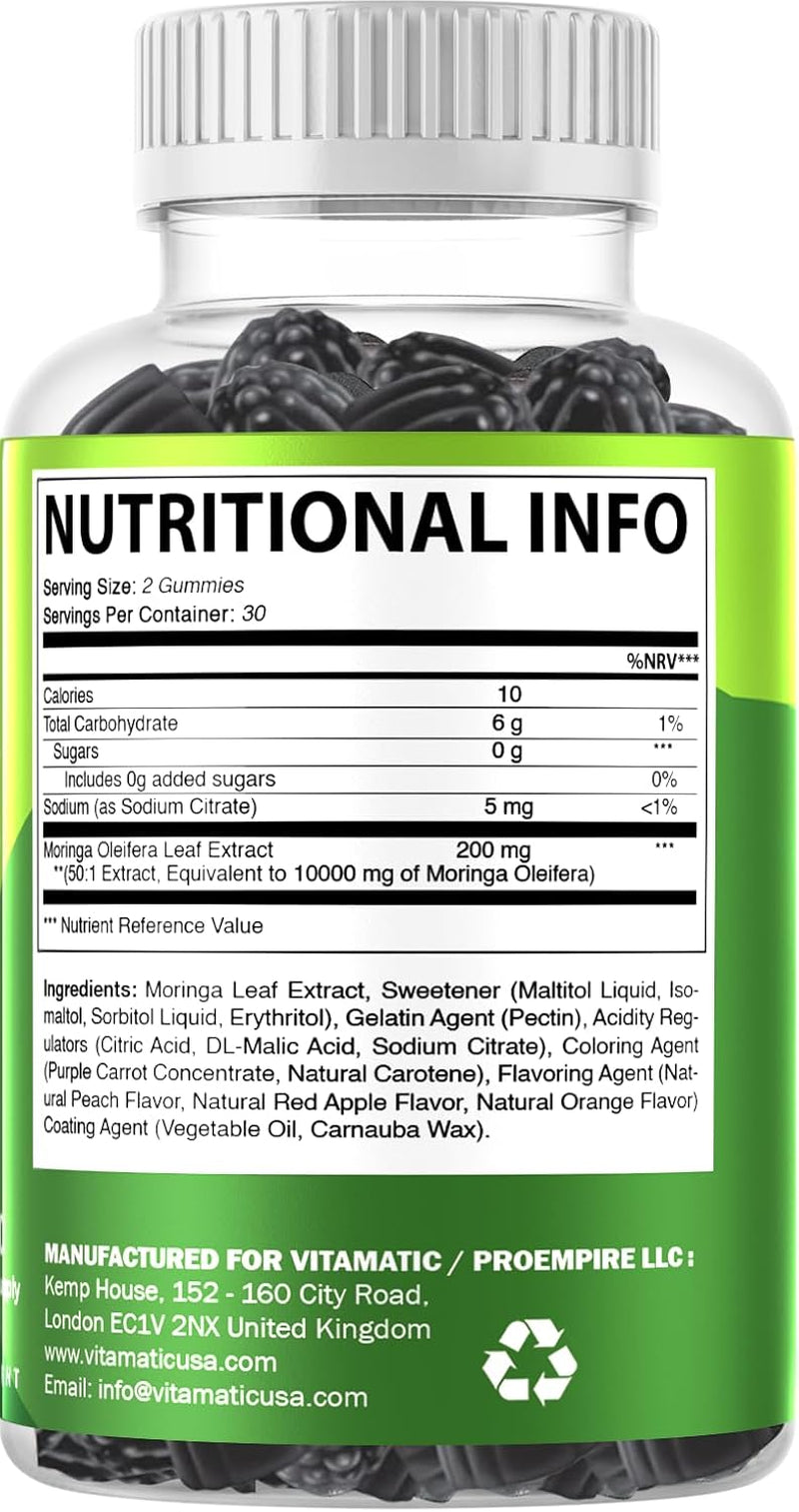 Vitamatic Sugar Free Moringa Gummies - 10000 Mg Equivalent per Serving - Complete Green Superfood - 60 Pectin Based Gummies
