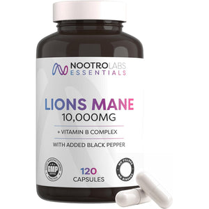 Nootro Labs Essentials Lion'S Mane Capsules (60 Servings), 10000Mg Lions Mane Supplement with Vitamin B Complex to Support Focus and Brain Function