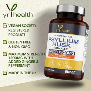 Psyllium Husks Capsules - 1300Mg Fibre Supplement - 180 Vegan Capsules with Added Peppermint & Ginger - 2 Capsules Not Tablets per Serving - Plantago Ovata Plant Seeds - Made in the UK by Yrhealth