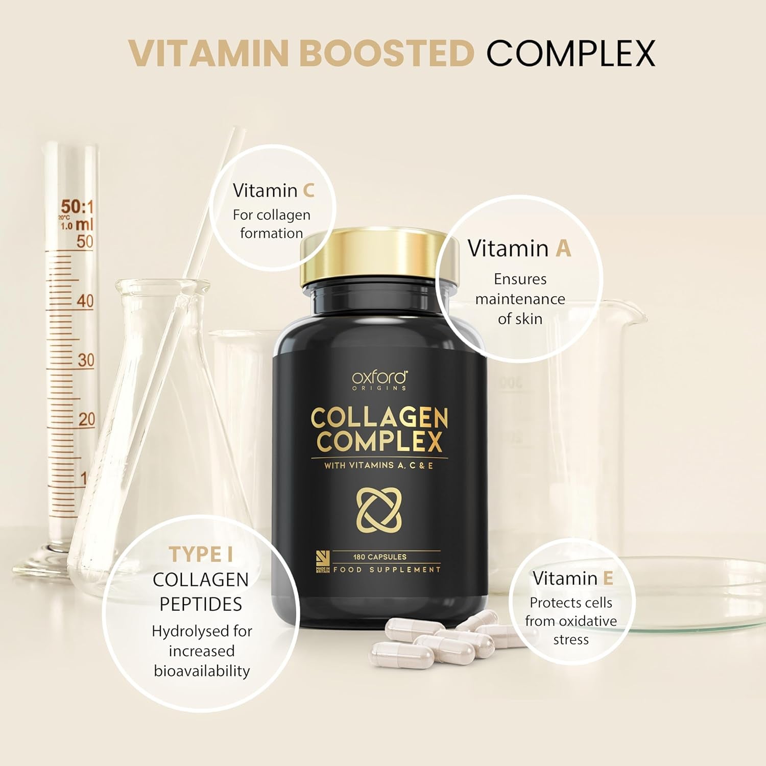 Advanced Collagen Complex | Made in the UK | Hydrolysed Collagen Supplements for Women & Men Enhanced with High Absorption Hair Skin and Nails Vitamins A, C & E | 180 Capsules