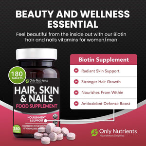 Only Nutrients - Hair Skin and Nails Vitamins, Beauty Supplements with Biotin & Selenium plus Vitamin C, a & E, High-Strength Vegan Supplements for Women/Men, 180 Biotin Tablets