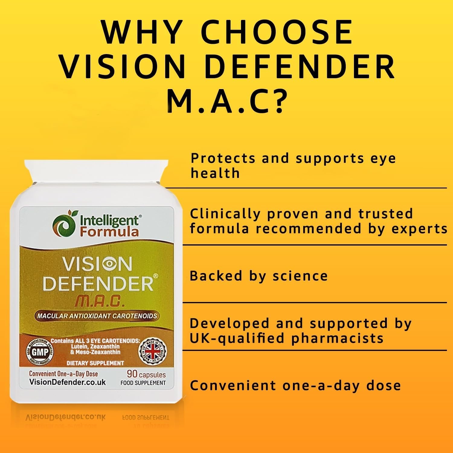 Vision Defender MAC Eye Vitamins Supplement – Triple Antioxidant Carotenoids: Lutein, Zeaxanthin & Meso-Zeaxanthin – Vision & Eye Health Support – 90 Capsules – Made in UK