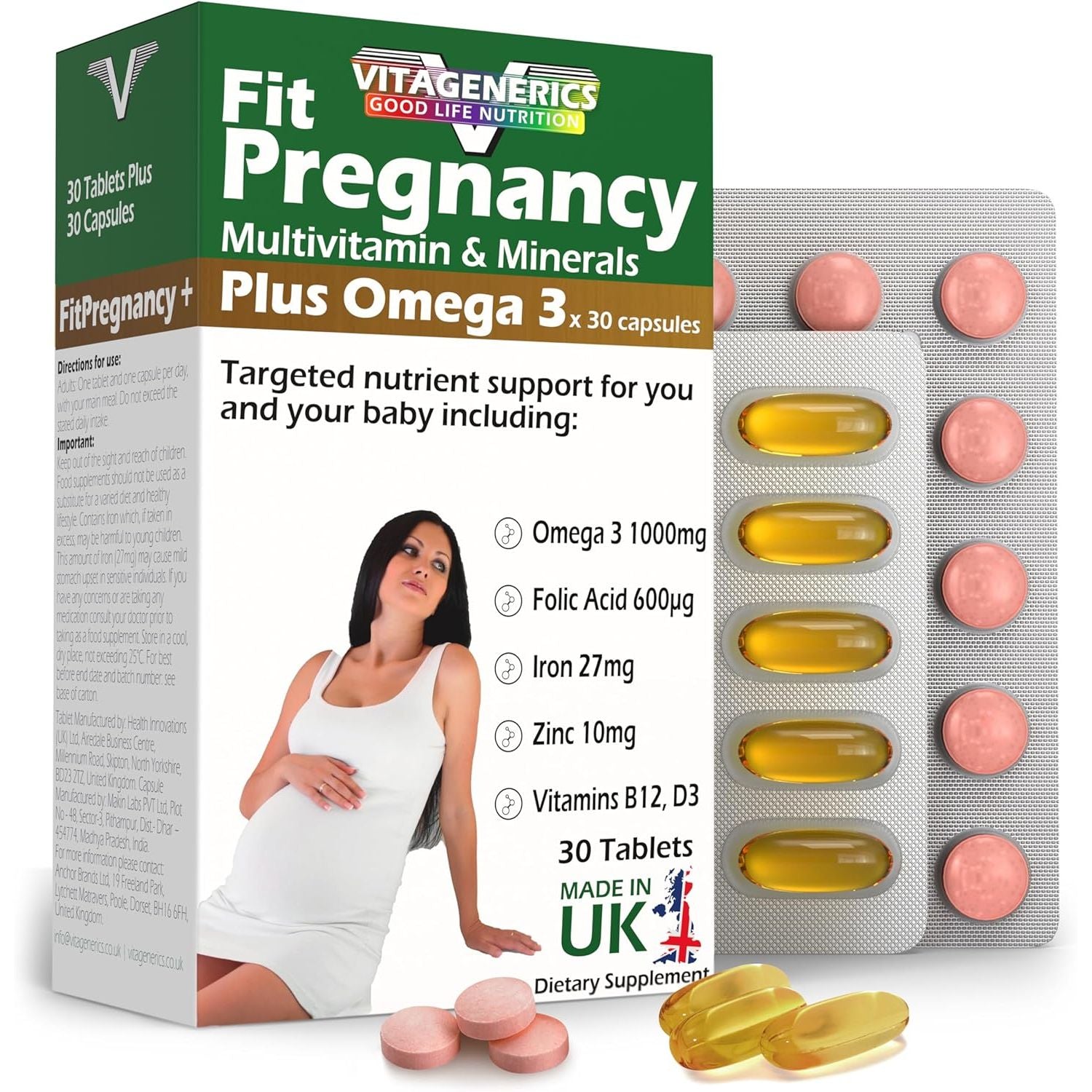 VITAGENERICS Fitpregnancy Multivitamin & Minerals plus Omega 3 | 30 Tablets plus 30 Capsules | with 600Μg Folic Acid, Iron, Zinc, B Vitamins & More. UK Made for Pregnant Women