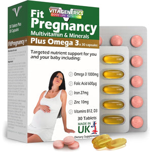 VITAGENERICS Fitpregnancy Multivitamin & Minerals plus Omega 3 | 30 Tablets plus 30 Capsules | with 600Μg Folic Acid, Iron, Zinc, B Vitamins & More. UK Made for Pregnant Women