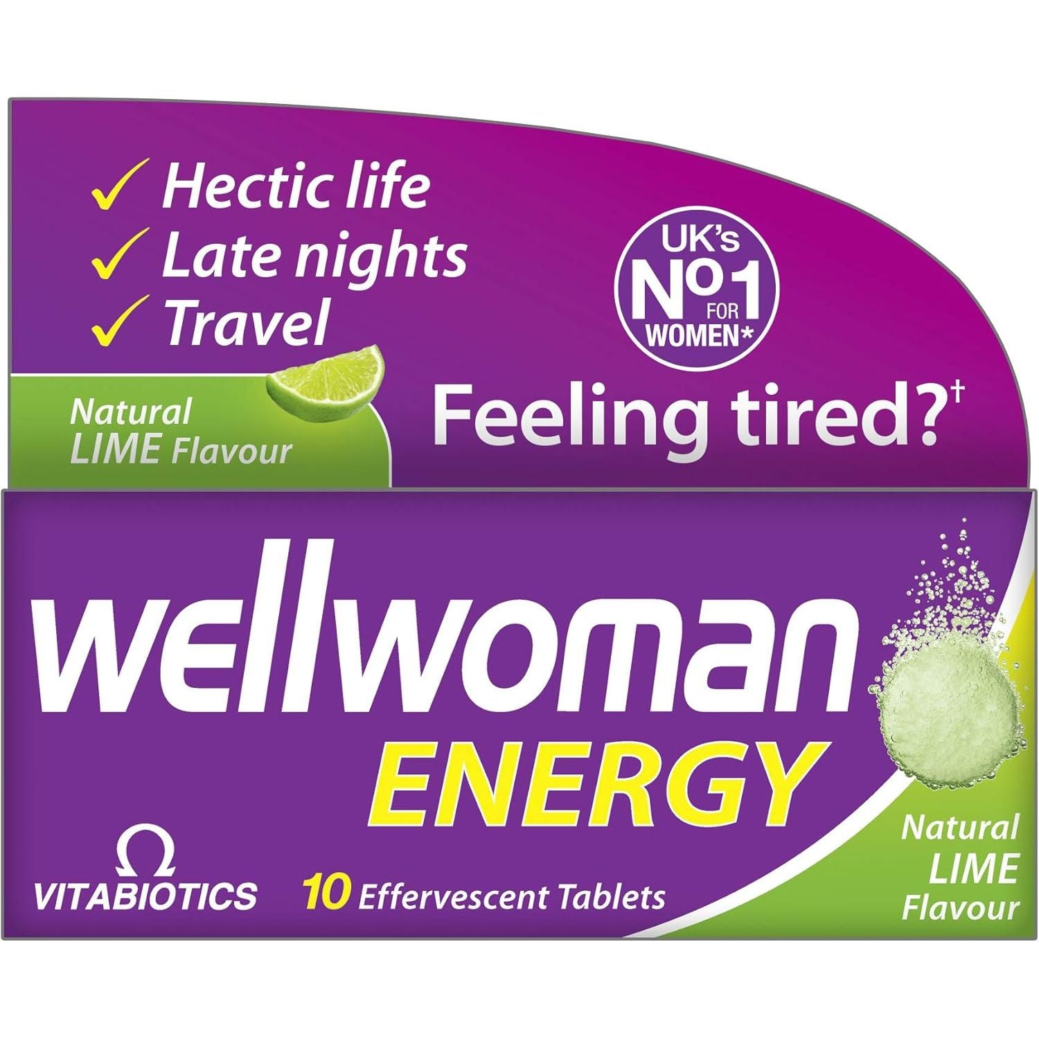 Wellwoman Energy Lime - 10 Dissolving Multivitamins Effervescent Tablets for Woman, Natural Lime Flavour