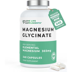 Magnesium Glycinate (Bisglycinate), 2 Month Supply - 240 Capsules, 2750Mg (303Mg Magnesium), Chelated Magnesium Supplements, Highly Bioavailable, Made in UK - GMP Certified - Love Life Supplements