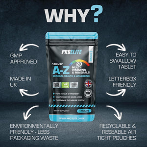 Multivitamins & Minerals - 365 Vegan Tablets - One a Day 100% RDA - 23 Essential Vitamins & Minerals in A-Z Multivitamin Tablet - Made in the UK by PROELITE