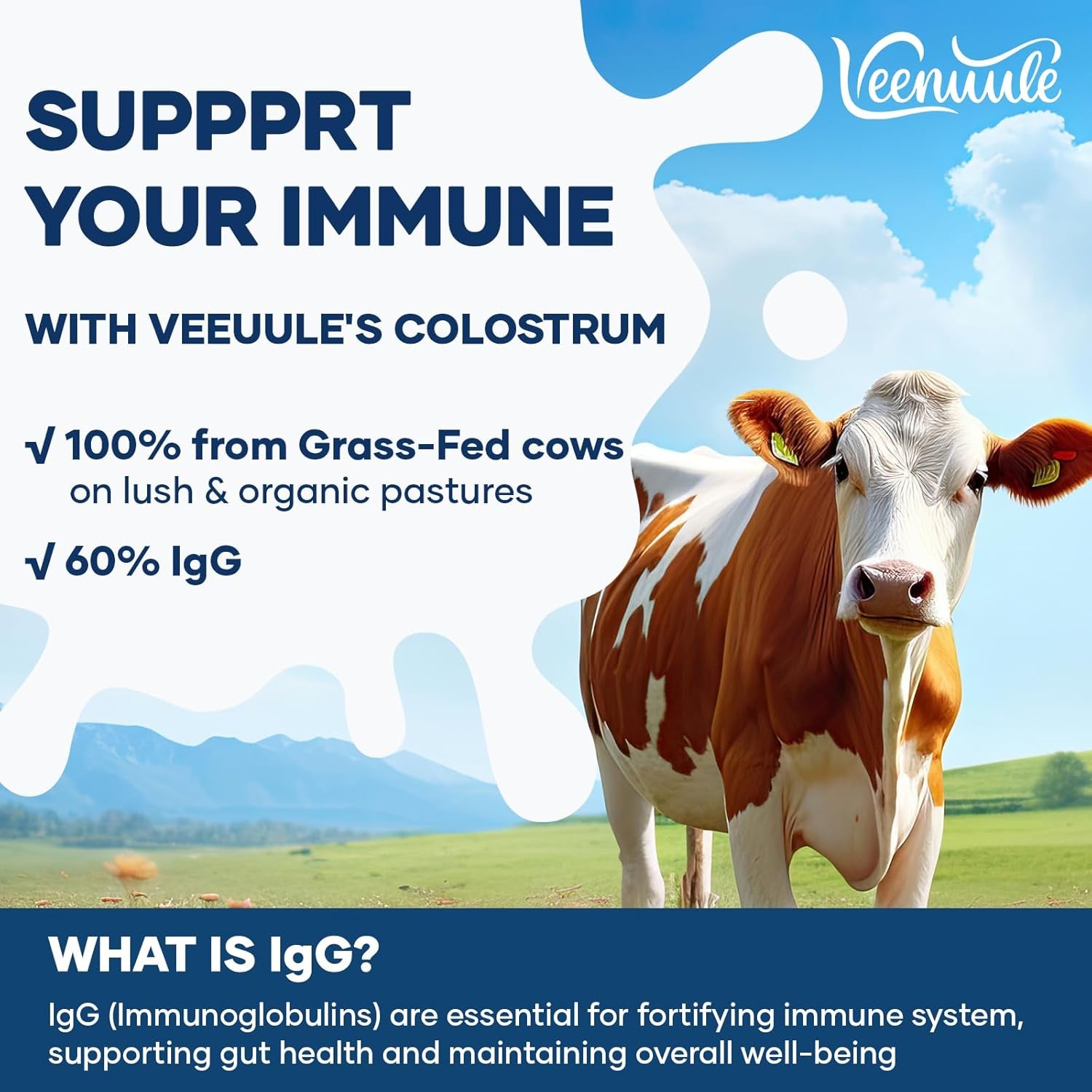 Veenuule Colostrum Powder 3000MG, with 60% Natural Igg (Immunoglobulins), Grass Fed Cow Colostrum, Non-Gmo, Unflavored 50 Servings