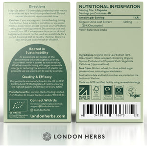 Organic Olive Leaf Extract Capsules | 500Mg OLE 20% Oleuropein | Vegan & Gluten Free Herbal Supplement | Made in the UK with Olive Leaves from Spain | Biodegradable Packaging