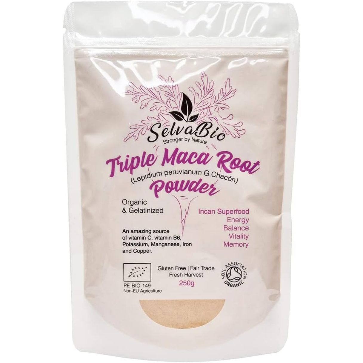 Triple Maca Root Powder, Organic Gelatinized, Certified, 250G from Peru, Women Hormonal Balance or for Men Prostate Support, by Selvabio.
