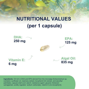 Vegan Omega 3 OMEGOR Veg - Algae Oil Omega3 Capsules Certified by IFOS and Vegan Society - 250Mg EPA and 125Mg DHA with Vitamin E (60 Caps)
