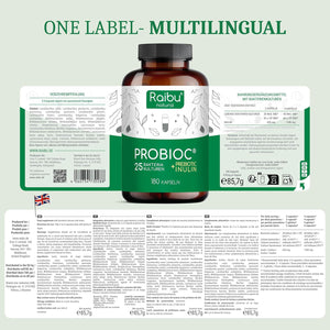 Raibu Probiotics for Gut Health - Probiotics & Prebiotics - 25 Bacterial Cultures - 180 Enteric Coated Capsules - 60 Billion CFU - Lactobacillus Acidophilus & Bifidobacterium - No Additives & Vegan
