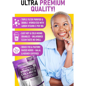 Collagen Powder 450G (+ 400Mg VIT C per 10G) Ultra Premium Double Hydrolysed Bovine Collagen Peptides by Skinpep - Halal Certified - 8 Essential Amino Acids, Collagen Supplements, Made in UK