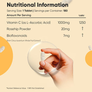 Vitamin C Tablets 1000Mg - 180 Tablets - 6 Months Supply - Added Rosehips & Bioflavonoids - Vegan, Gluten-Free & Non-Gmo - VIT C Supplement (As Ascorbic Acid) - 1 per Day - Made in the UK