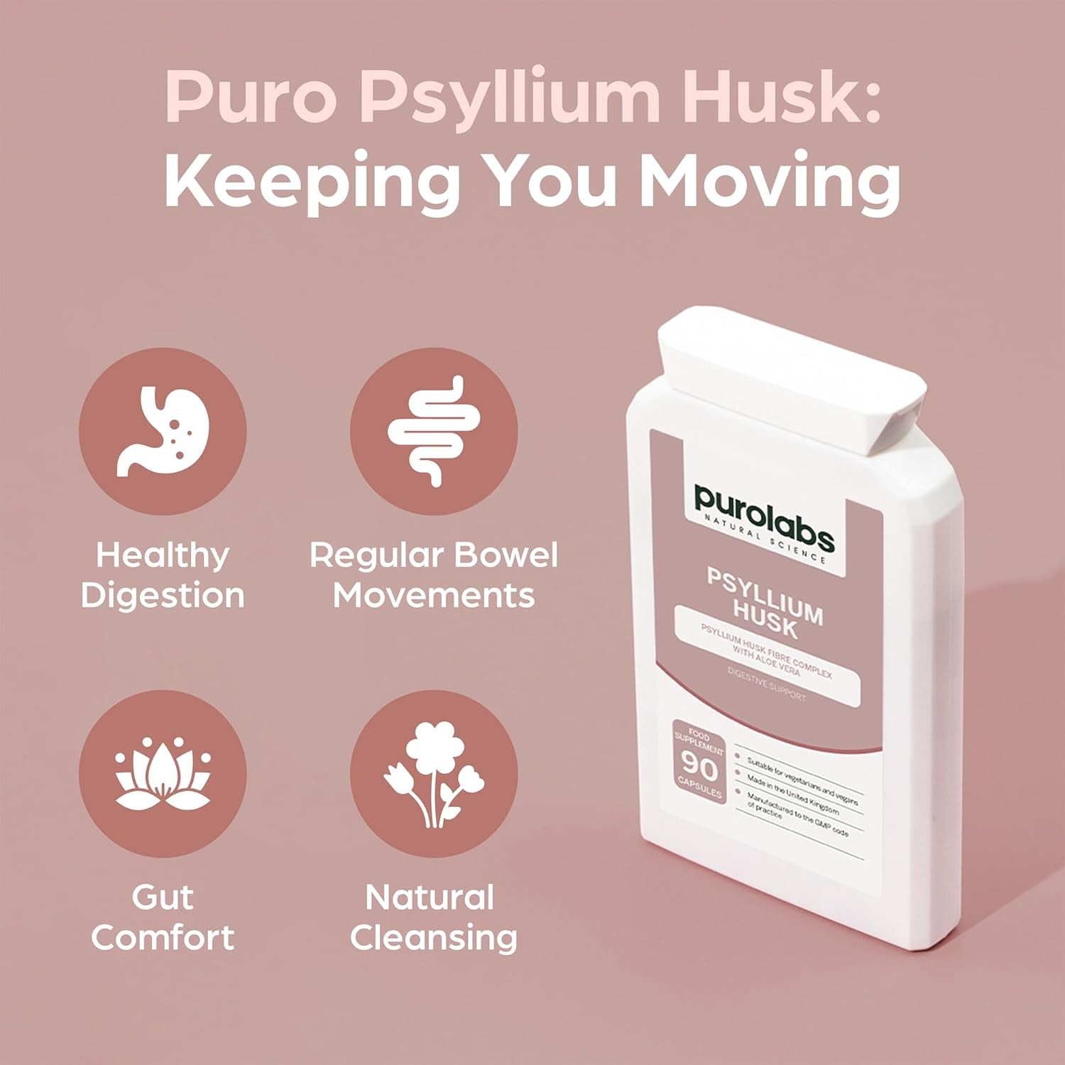 Purolabs Psyllium Husk Complex - High Purity 99.9% Fibre Supplement with Aloe Vera - Natural Digestive Support - Gut Health & Bowel Regularity - 90 Capsules