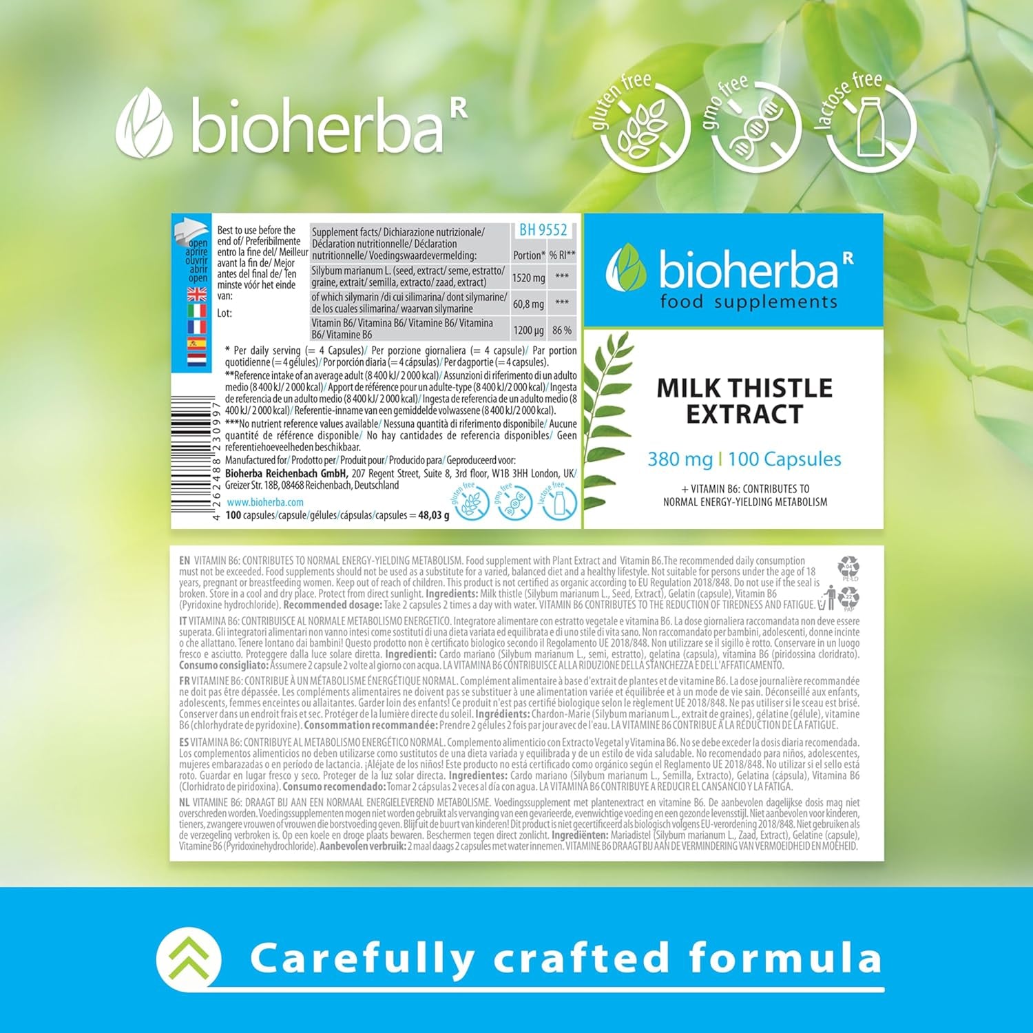 Milk Thistle 380 Mg – 100 Capsules | Herbal Supplement with Silymarin and Vitamin B6 for Antioxidant and Metabolic Support by BIOHERBA