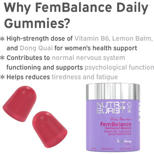 Nutriburst - Fembalance Hormone Balance for Women - Vitamin B6, Lemon Balm + Dong Quai - Regulate Hormones, Support Nervous System + Reduce Tiredness - 60 Gummies 1 Month Supply - Suitable for Vegans