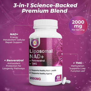 Pure NAD + Trans-Resveratrol + TMG | 2000Mg | 3-In-1 Advanced Formula | NAD Resveratrol TMG Supplement | Boost NAD+ | Immune & Energy Support, Skin & Overall Health | 60 Capsules
