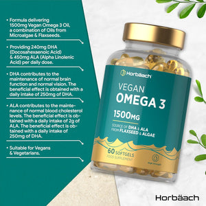 Vegan Omega 3 DHA from Algae Oil 1500Mg | 60 Softgels | High Strength 450Mg of ALA and 240Mg of DHA per Serving | by Horbaach