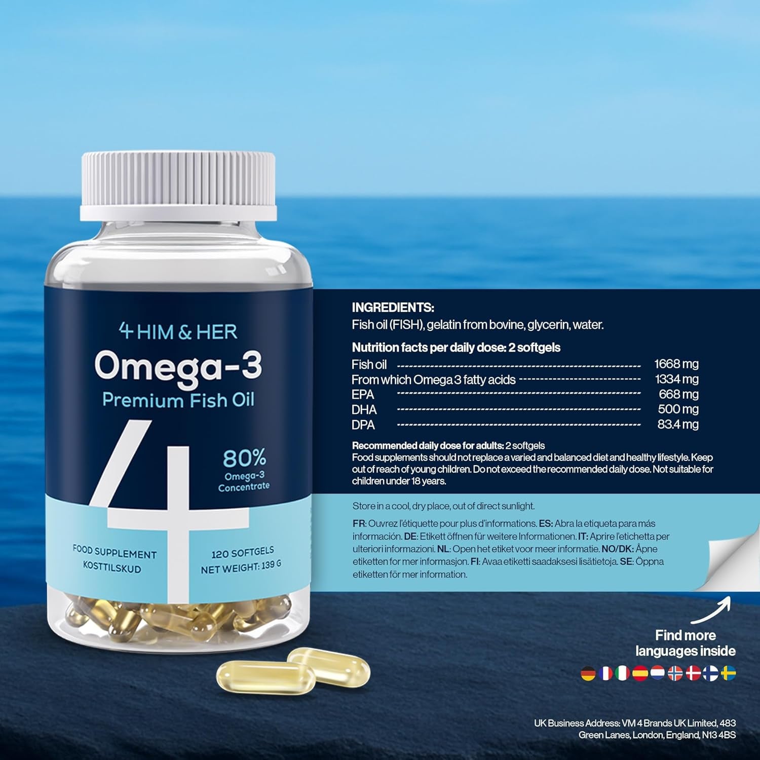 4 HIM & HER Omega-3 Capsules High Strength - 80% Concentrate Omega-3 Fish Oil - 668Mg EPA & 500Mg DHA + 83.4Mg DPA per Serving - 120 Softgels - 2 Months Supply