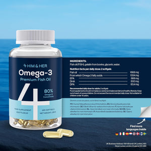 4 HIM & HER Omega-3 Capsules High Strength - 80% Concentrate Omega-3 Fish Oil - 668Mg EPA & 500Mg DHA + 83.4Mg DPA per Serving - 120 Softgels - 2 Months Supply