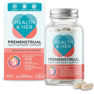 Health & Her Premenstrual Supplements for Women - with Ashwagandha, Flaxseed and Ginger Root - 1 Month Supply, 60 Capsules - Vegan & Gluten Free