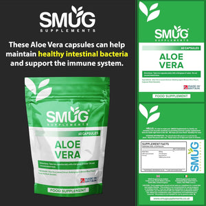 SMUG Supplements Aloe Vera - 60 Capsules - High Strength Natural Herb to Support Colon Cleanse and Detox - Two-A-Day - Equivalent to 12000Mg Leaf Juice - Made in Britain