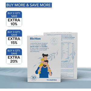 Bioman Men's Fertility Support Formula with Premium Ingredients for Sperm Health, Testosterone Balance, and Stamina – 30 Tablets.